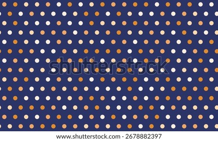 Elegant navy blue background adorned with a repeating pattern of offwhite and burnt orange polka dots.