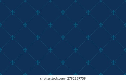 Elegant navy blue background with a repeating fleurdelis pattern and subtle diamond quilting.