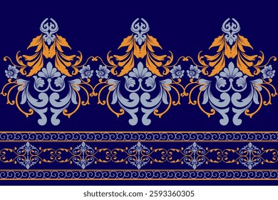 Elegant navy blue damask pattern with gold and silver floral flourishes. Perfect for wedding invitations, textile prints, and luxury branding. High-quality seamless vector design.