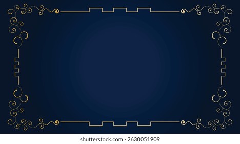 Elegant Navy Blue Frame with Gold Ornate Border for Design Templates. Gold frame background illustration.