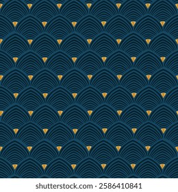 Elegant navy blue and gold art deco fish scale seamless pattern