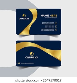 Elegant Navy Blue and Gold Business Card with Abstract Wave Design