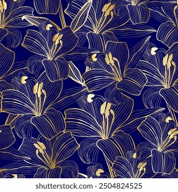 Elegantes marineblaues und goldenes Lilienmuster; perfekt für schicke Tapeten und luxuriöse Textilien. Dieses von der Natur inspirierte Design enthält komplexe botanische Illustrationen, die einen Hauch von Raffinesse hinzufügen