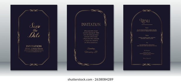 Elegant navy blue and gold wedding invitation set featuring ornate line borders and classic typography. Includes Save the Date, invitation, and wedding menu layouts. 