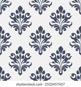 Elegant navy blue ikat damask pattern on a white background. This seamless design features intricate floral motifs, perfect for fabric prints, wallpaper, and home decor.