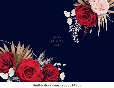 Elegant navy blue, red floral bouquet frame, border rose flowers, pampas grass, dry palm leaves. Stylish watercolor style vector illustration. Wedding invite, greeting, party classy, editable template