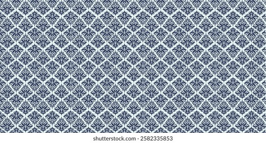 Elegant Navy Blue and White Damask Pattern with Ornate Floral Details