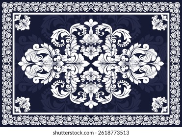 Elegant navy blue and white damask floral pattern, perfect for luxury textiles, vintage wallpapers, and classic interior design projects.