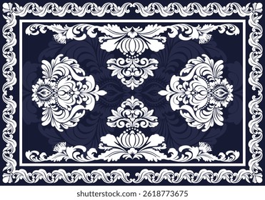 Elegant navy blue and white damask floral pattern, perfect for luxury textiles, vintage wallpapers, and classic interior design projects.