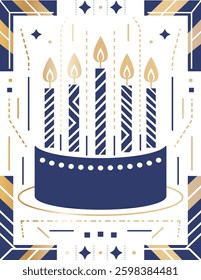 Elegant Navy And Gold Birthday Cake With Lit Candles