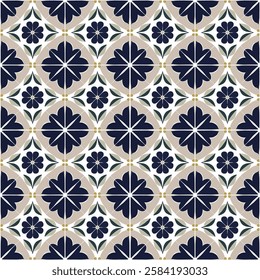 Elegant Navy and Gold Floral Tile Seamless Pattern with Symmetric Layout