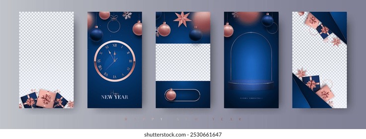 Elegant navy New Year's story template set with copper accents