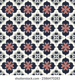 Elegant Navy and Pink Ornamental Floral Tile Seamless Pattern