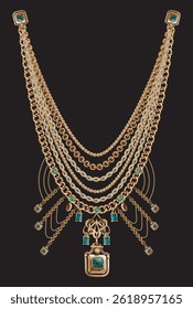 Elegant necklace design vector illustration featuring gold chains, gold stripes, intricate braids, golden rings, pearls on black background. For fashion, textile prints, silk scarves, and accessories.