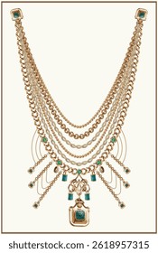 Elegant necklace design vector illustration featuring gold chains, gold stripes, intricate braids, golden rings, pearls on beige background. For fashion, textile prints, silk scarves, and accessories.