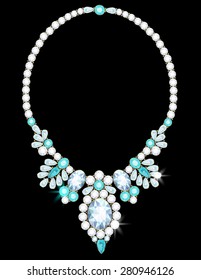 Elegant necklace with flowers from diamonds and aquamarines
