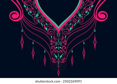 Elegant Neckline Design. A stylish and intricate neckline pattern in pink, teal, and green with delicate decorative elements, ideal for garment embellishments and textile design.