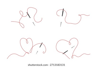 Elegant needle with thread. Needle symbol and curved thread, tailor and shoemaker needlework tool, sewing element. Small tattoo, print for clothes