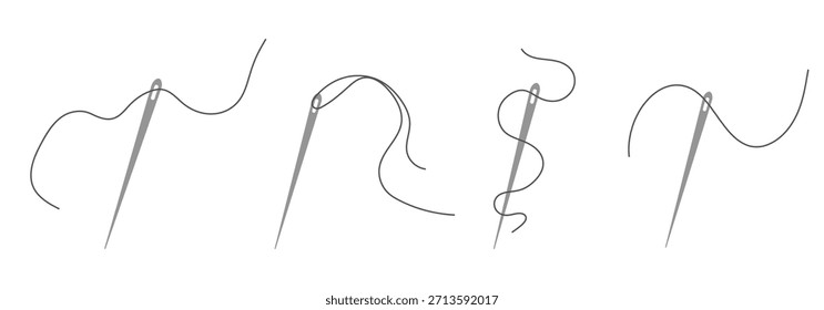 Elegante Nadel mit Faden. Nadelsymbol und gebogener Faden, Schneider- und Schuhmacher-Nadelwerkzeug, Nähelement. Kleine Tätowierung, Druck für Kleidung