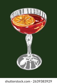 Elegant Negroni cocktail illustration in a coupe glass with orange slice. Perfect for bars, restaurants, menus, blogs, and drink-themed designs.