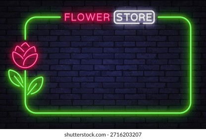 Eleganter Neon-Vektorrahmen mit Blumenladenbeschriftung und floralem Symbol. Konzipiert für Boutique-Beschilderung, saisonale Verkäufe und dekorative Layouts.