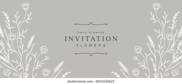 Elegant neutral floral background with hand drawn white delicate flowers and leaves. Vector illustration in line art style for wedding invitation, card, save the date, packaging, greeting card design
