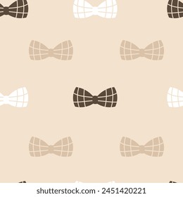 Elegant neutral seamless pattern with bow ribbon. Beige pastel colored background with hand drawn celebratory elements. Repeat vector illustration