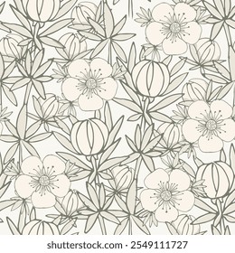 Elegante Vector neutro sin patrón de fondo floral con flores, cogollos y subgrupos. Repite con delicados pétalos de flores de arte de línea. Fondo de contorno botánico con jardín y flores silvestres para imprimir