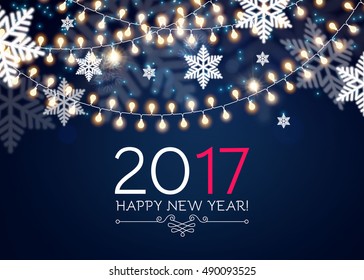 Elegant New 2017 Year Background with Light Garlands and Snowflakes. Seasonal Wallpaper. Vector illustration