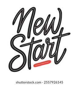 Elegant 'New Start' minimalist typography design with bold black and red accents.