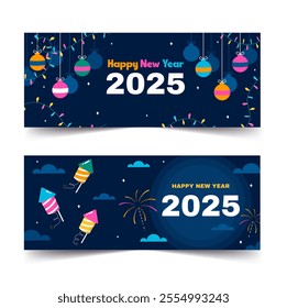 Elegant New Year 2025 card design set against a dark backdrop with fireworks and stylized text in this vector illustration.