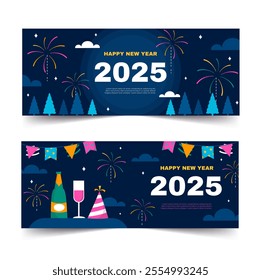 Elegant New Year 2025 card design set against a dark backdrop with fireworks and stylized text in this vector illustration.