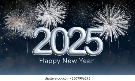 Elegant New Year 2025 design with silver text, sparkling fireworks, and bokeh lights in the background. Ideal for holiday cards, party invitations, festive banners, and New Year’s promotions.