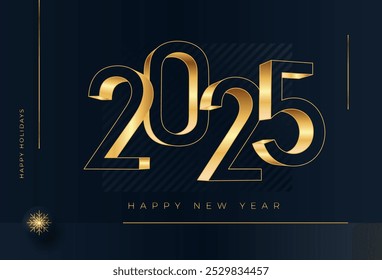 Elegant New Year 2025 design with bold, gold typography on dark blue background, modern and luxurious for holiday greetings card