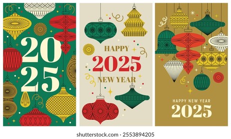 Elegant New Year 2025 posters with festive ornaments and geometric patterns. Perfect for holiday greetings, seasonal branding, and modern decorative designs. Christmas decorations