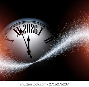 Elegante Countdown-Uhr für das neue Jahr 2026 mit glühenden Funkeln und festlichem dunklem Hintergrund, die das Mitternachtsfest symbolisiert. Vektorgrafik.