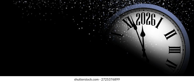 Elegante reloj de cuenta regresiva del año Nuevo 2026 con estrellas brillantes y fondo festivo oscuro, que simboliza la celebración de la medianoche. Ilustración vectorial.