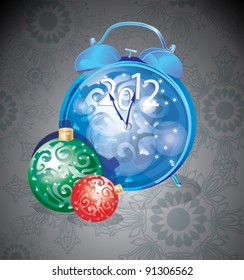 Elegant New Year background with clock over dark background with snowflakes, vector
