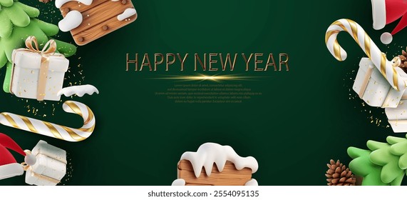 Elegant New Year background with a green theme featuring festive decorations such as candy canes, snow-covered wooden signs, gift boxes, and Christmas trees. Perfect for holiday designs. Vector 2025