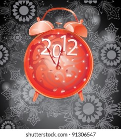 Elegant New Year background with red clock over dark background with snowflakes, vector