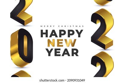 Elegant New Year Banner Design with 3D Numbers in Black and Gold Style. Happy New Year 2022. New Year Celebration Design Template for Flyer, Poster, Brochure, Card, Banner or Postcard