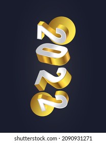 Elegant New Year Banner or Poster Design with 3D 2022 Numbers in White and Gold Gradient. Happy New Year 2022. New Year Celebration Design Template