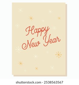 Elegante tarjeta de Año Nuevo con el texto Feliz Año Nuevo rodeado de copos de nieve sobre un fondo claro. Perfecto para enviar deseos de Año Nuevo y difundir la alegría de las fiestas.