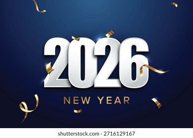 Elegante fondo de celebración de Año Nuevo con tipografía metálica con confeti dorado sobre fondo azul oscuro