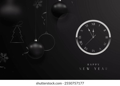Elegant New Year clock and black ornaments on dark background