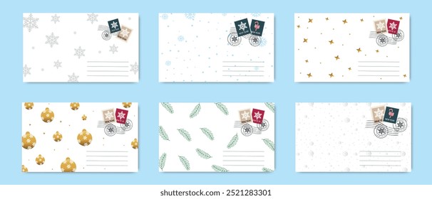 Elegant New Year envelope set with minimal designs featuring snowflakes, ornaments, stars, and pine branches for festive holiday greetings