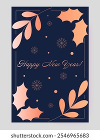 Elegant New Year greeting card with a dark blue background, soft peach gradient foliage, holly leaves, and delicate snowflakes. Features a refined Happy New Year message