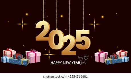  An elegant New Year greeting card featuring 2025 in golden numbers hanging from strings on a dark background with golden stars gift boxes and Happy New Year at the bottom