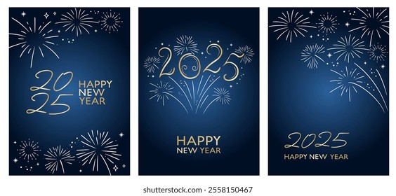 Elegant New Year greeting card design vector. Golden and white lettering and fireworks on blue background.