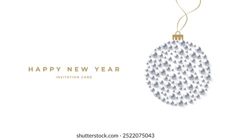 Elegant New Year invitation card featuring a silver bauble ornament design on a white background